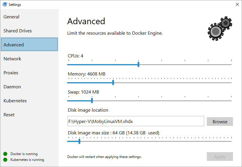 Increased Docker for Windows VM Settings