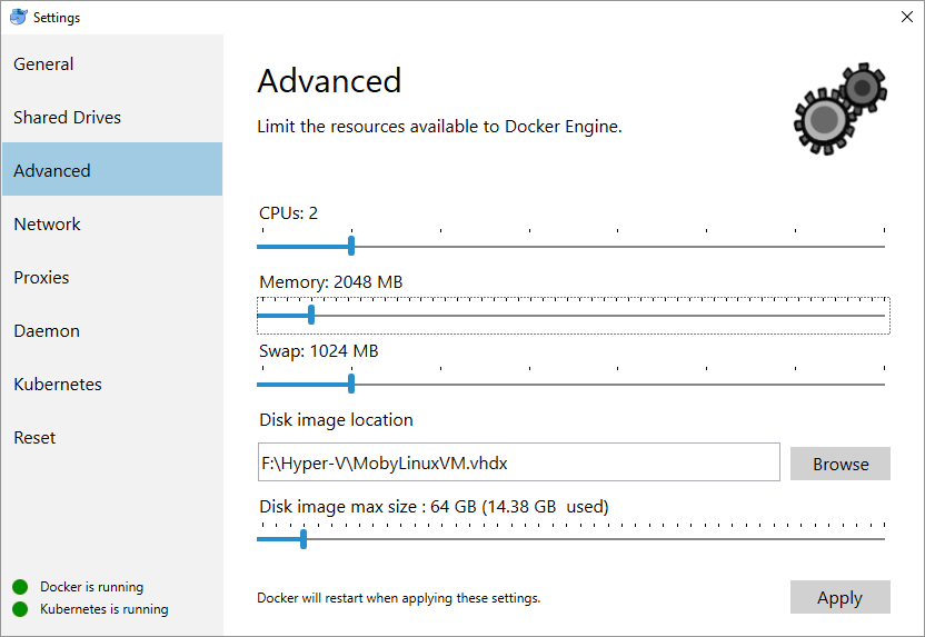 Default Docker for Windows VM Settings